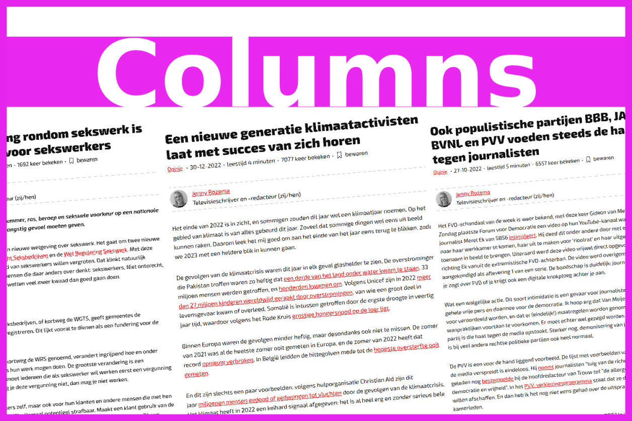 screenshots van drie columns, met daarboven een roze balk met het woord 'Columns' in witte letters.