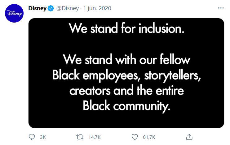 Een screenshot van een tweet van Disney, met de tekst "We stand for inclusion. We stand with our fellow Black employees, storytellers, creators and the entire Black community."
